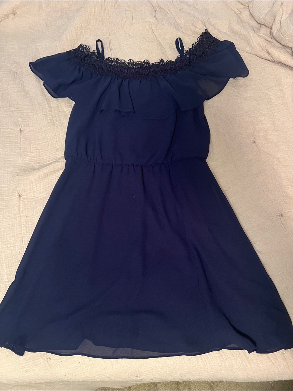 Iz Byer Navy Blue One-Shoulder Ruffle Dress with Lace Trim